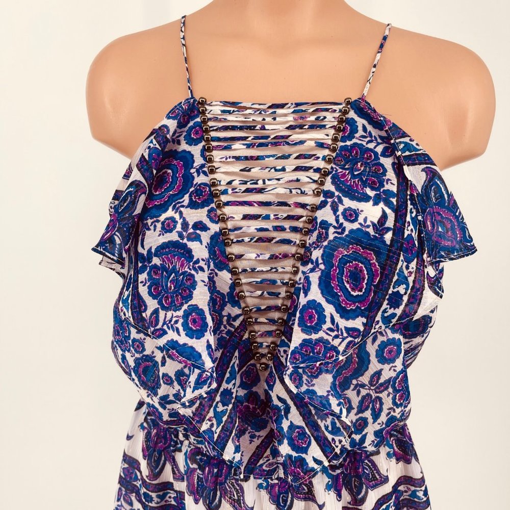Anthropologie Elevenses Joanie Romper SP Women's Metallic Ladder Ruffle Purple - Picture 4 of 11